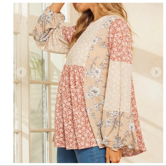 Long Sleeves Color Block Boho Chic Floral Top - Picture 3 of 8
